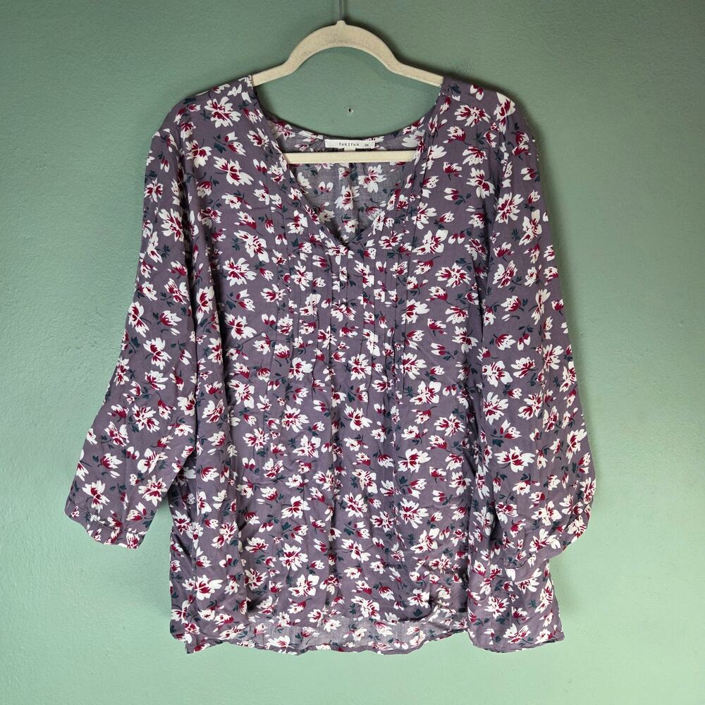 Fun2fun Womens 3X Gray Floral Print V-Neck Blouse Top Office Career Work